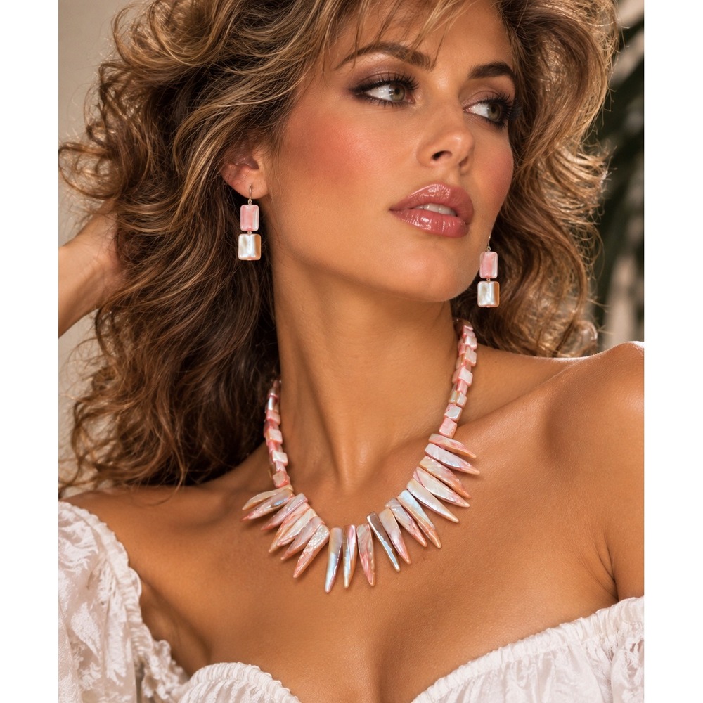 90s Pink Mother of Pearl Shell Fringe Statement Necklace and Earring Jewelry Set